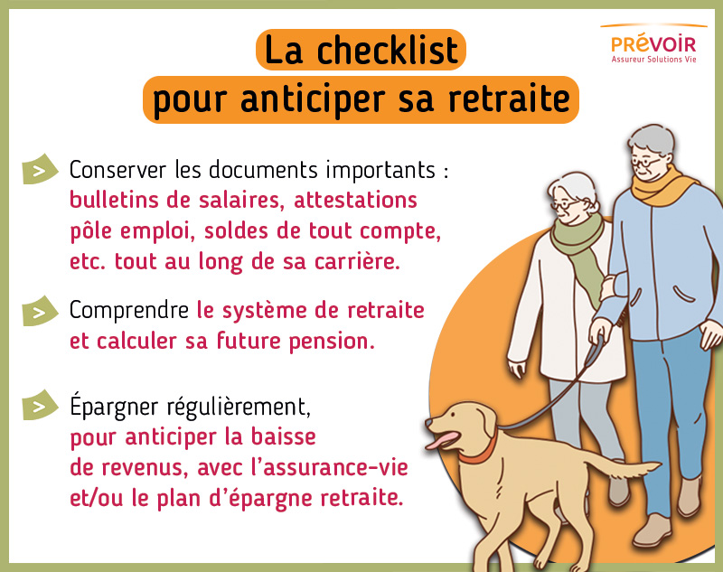 Infographie : La checklist pour anticiper sa retraite. Conserver les documents importants : bulletins de salaires, attestations pôle emploi, soldes de tout compte, etc. tout au long de sa carrière. Ensuite, il est essentiel de comprendre le système de retraite et de calculer sa future pension. Enfin, épargnez régulièrement, pour anticiper la baisse de revenus, avec l'assurance-vie et/ou le plan d'épargne retraite.