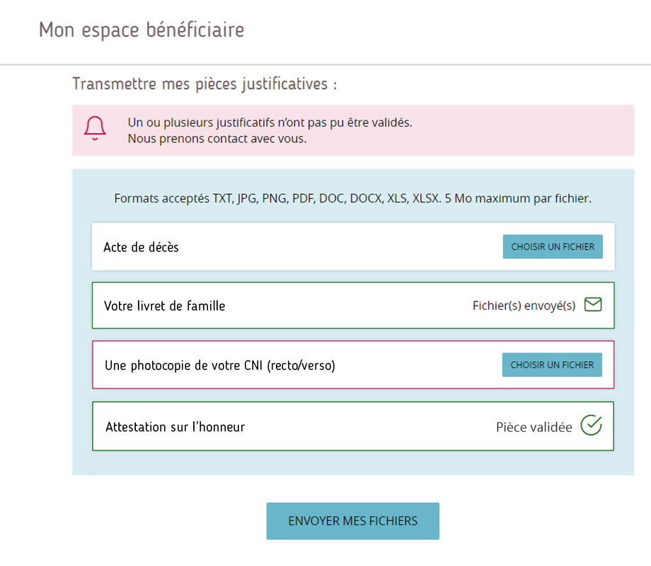 Capture d'écran de l'état des pièces justificatives